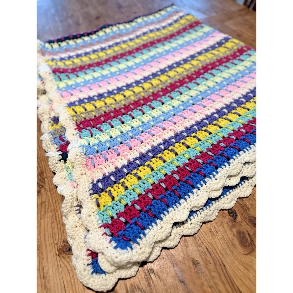 Hand Crochet Afghan Blanket Throw Red Green Blue Yellow Pink Purple